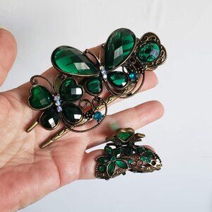 Bundle of Two HAIR CLIPS Peacock Green Faceted Acrylic Crystal Rhinestone